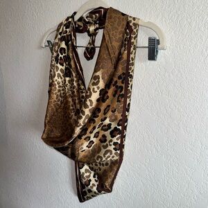 Vroom & Dreesmann Brown Leopard Print 100% Silk Square Dutch Neck Scarf Wrap